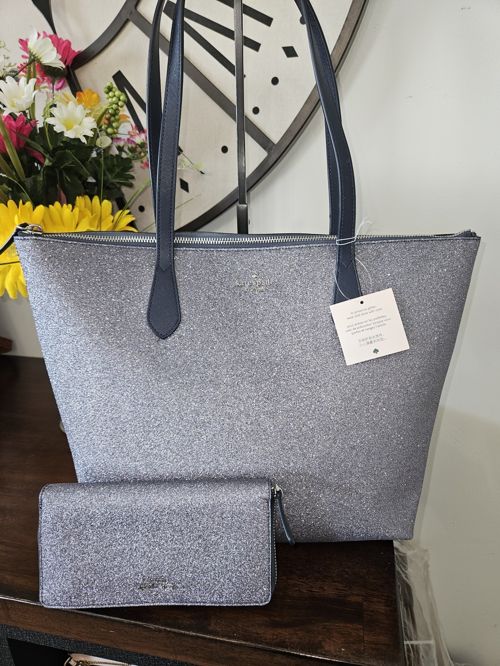kate spade Silver Glitter Tote with Navy Handles and Matching Wallet